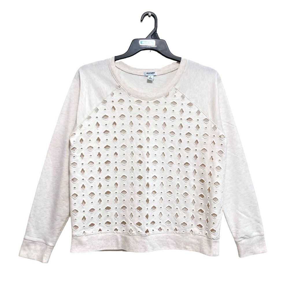 Old Navy Sweatshirt Top Women's Size Large Ivory Cutout Front Pullover Knit